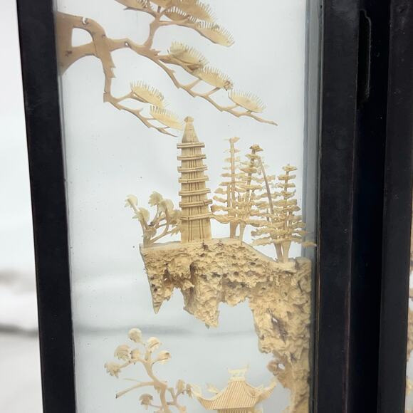 Vintage Asian Carved Cork Diorama Black Lacquer 4 Panel Mini Folding Screen - Picture 12 of 16